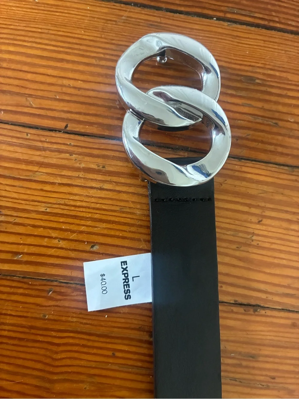 Express Women’s  Black Leather Belt with Silver Interlocking Buckle
